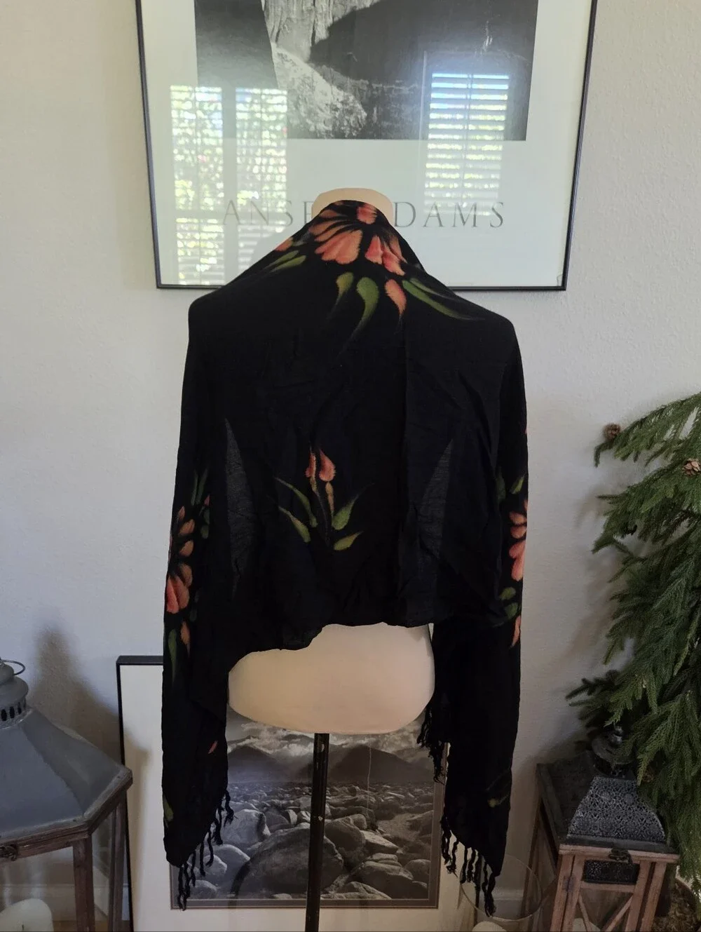 #49 Black Floral Shawl Wrap with Coral and Green Accents